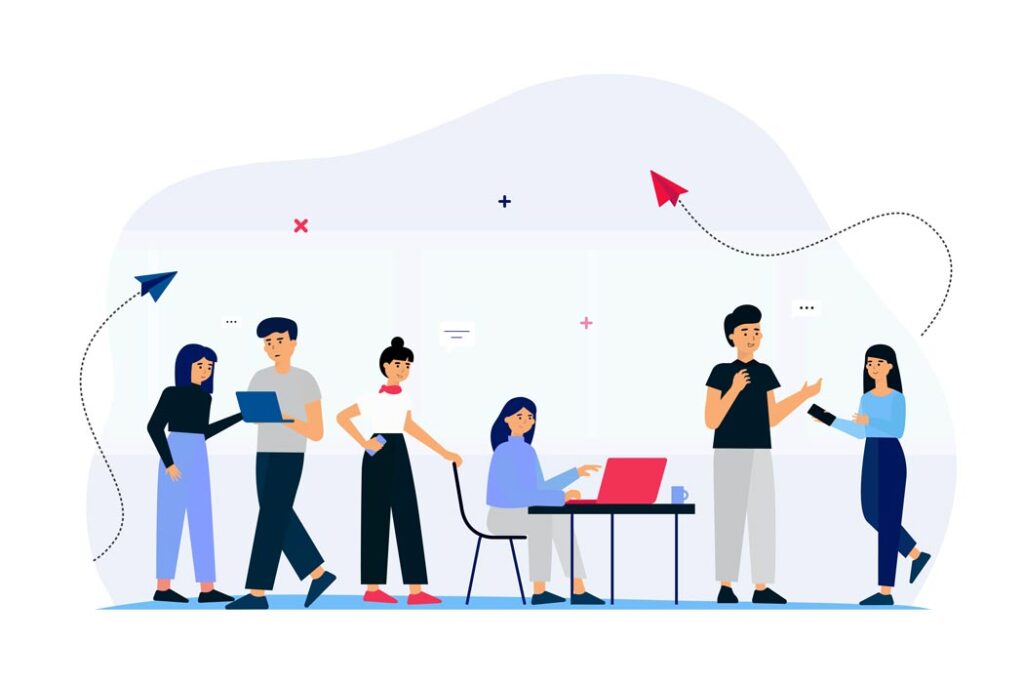 An illustration of employees at office doing their work in great environment