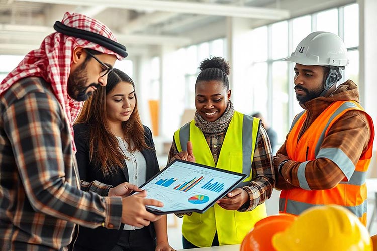 Occupational safety professional using digital gadgets at workplace