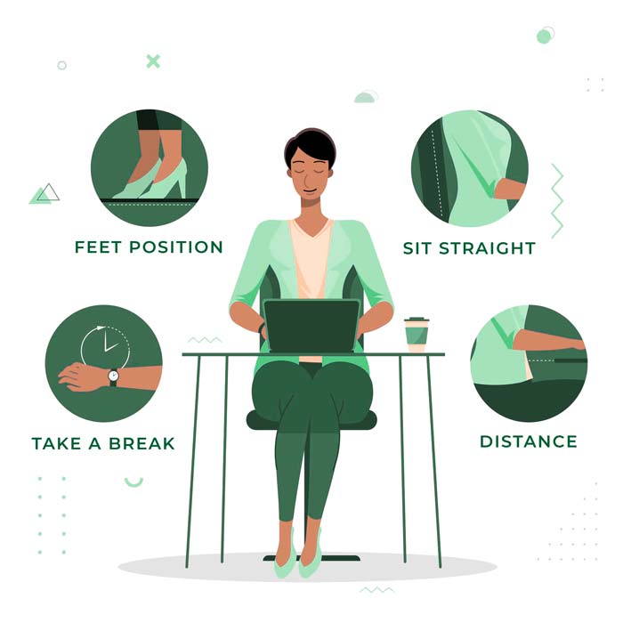 An illustration of a female employee with better ergonomics posture.