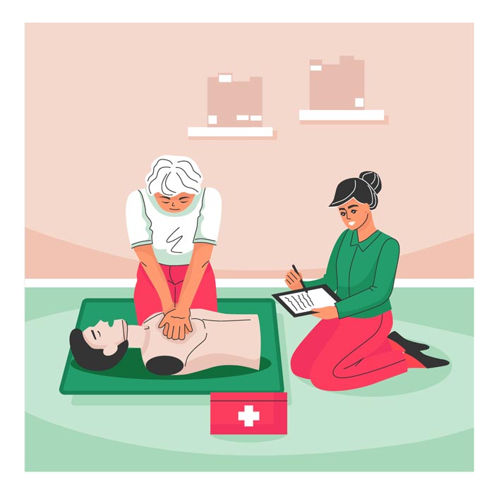 An illustration of a female performing CPR and first aid.