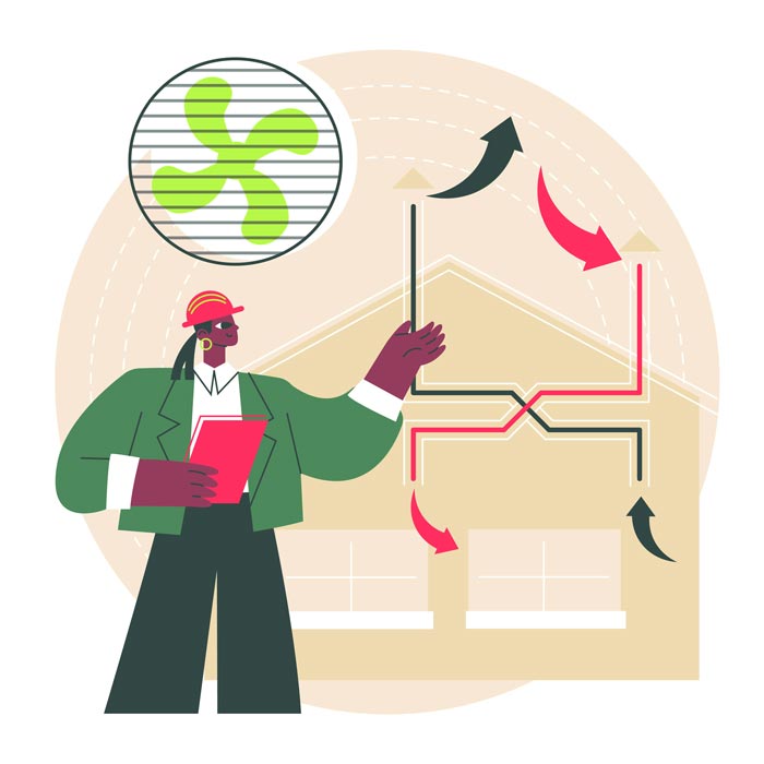 An illustration of a worker taking breath in the air ventilation