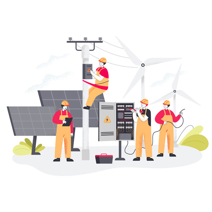 An illustration of electricians working on the electrical polls and panels