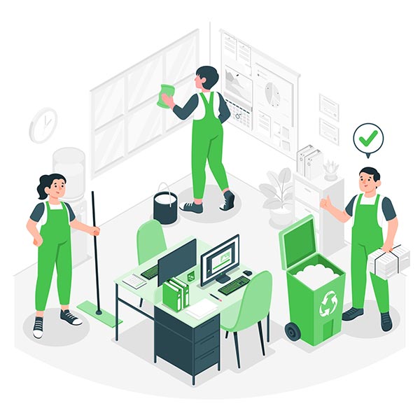 An illustration of housekeeping staff cleaning the office.