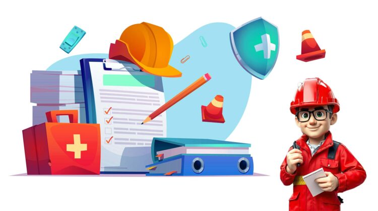 An illustration showing a mascot and occupational safety and health equipment