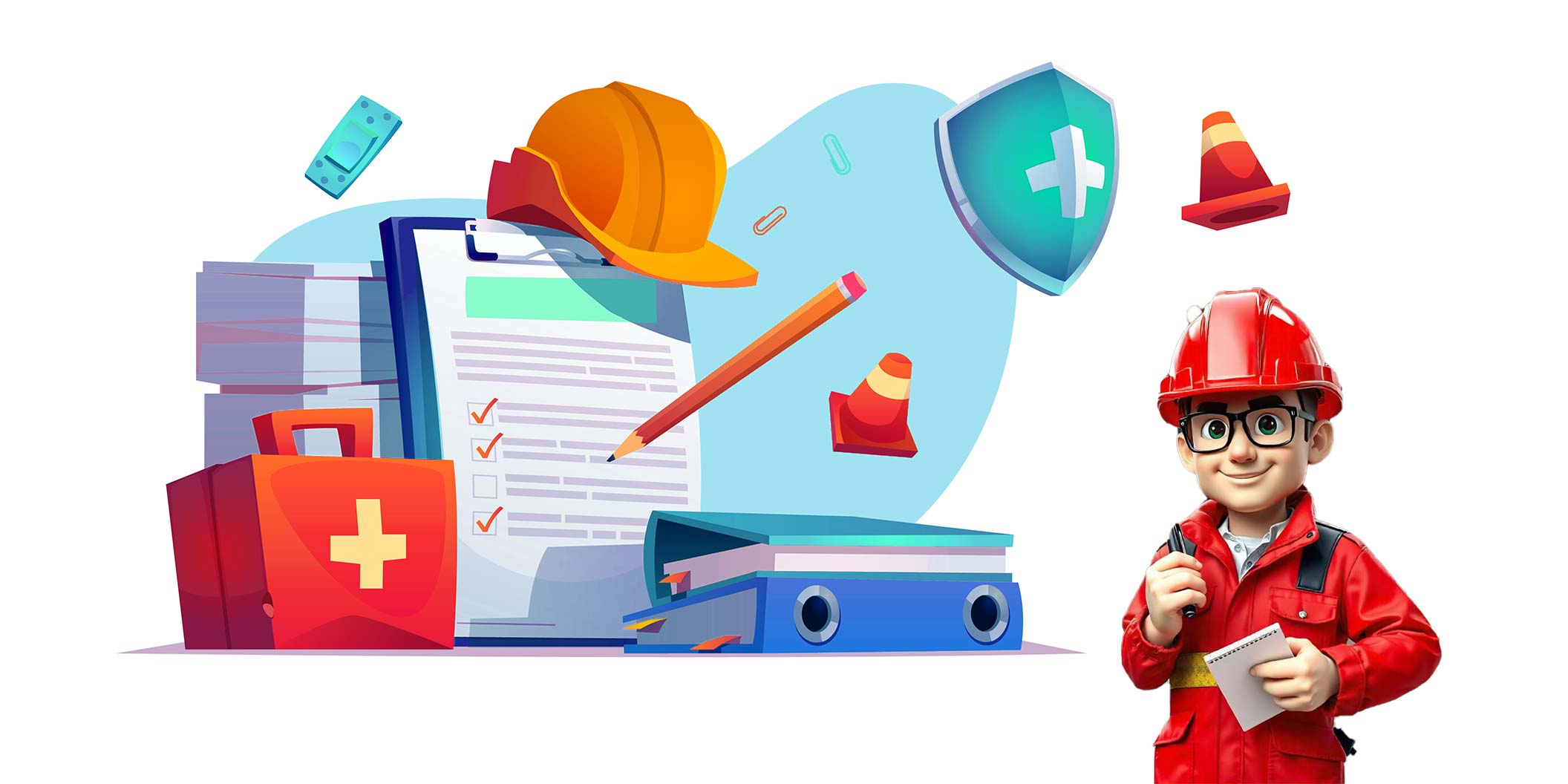 An illustration showing a mascot and occupational safety and health equipment